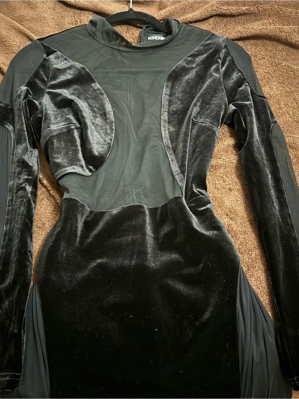 Fashion Nova Black Velvet Panel Long Sleeve Midi Dress